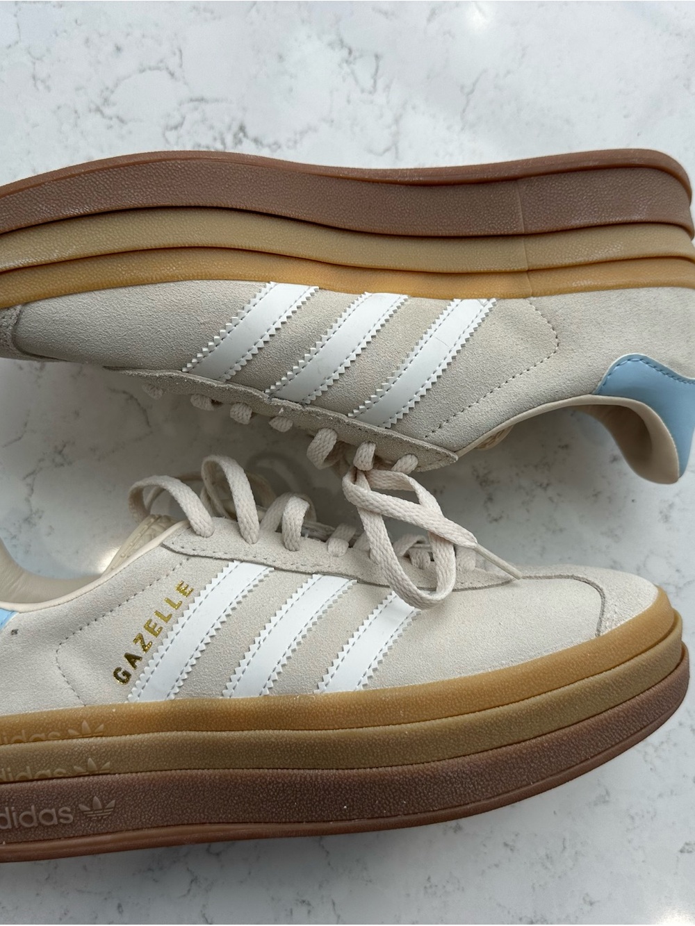 adidas Gazelle Platform Sneakers in Cream with White Stripes and Light Blue Heel